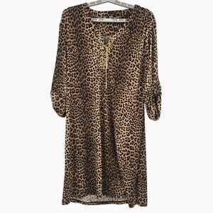 Michael Kors Sz 10 Leopard Print Slinky Stretch Dress Gold Chain Lace Up Detail